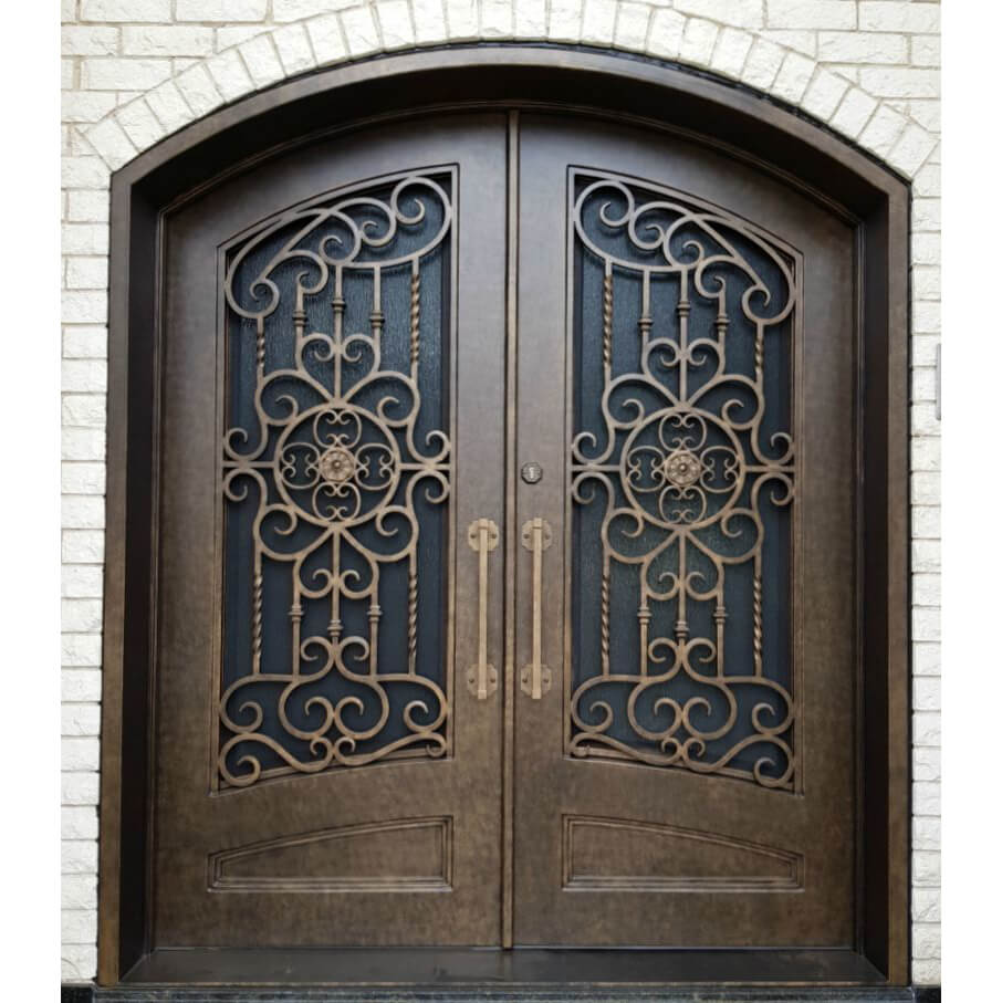 GID arched top thermal break wrought iron double door with kickplate