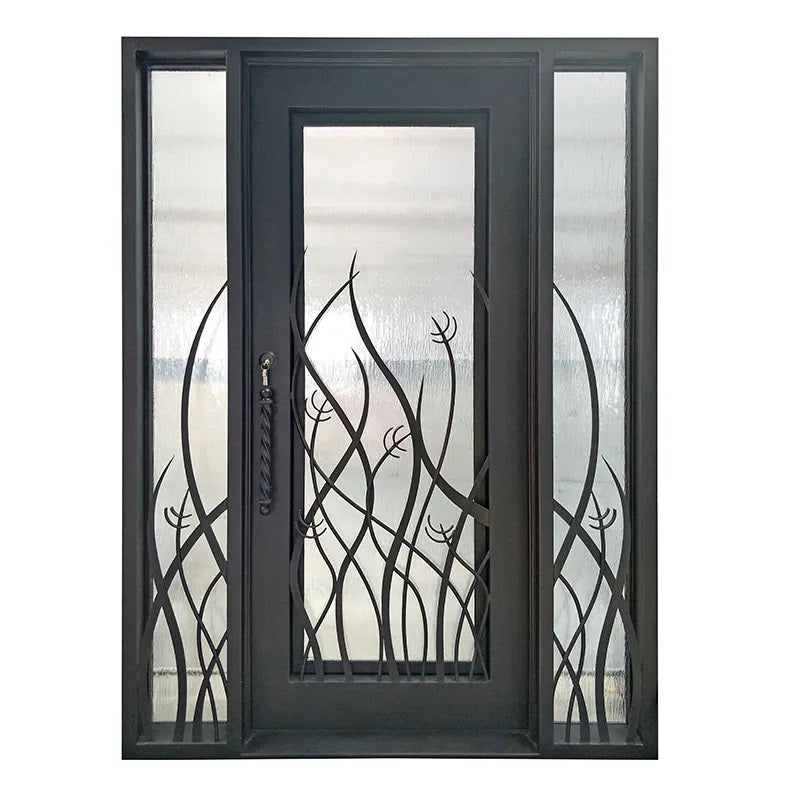 gloryirondoors plants scrollworks design iron single front door with frosted glass and two sidelights