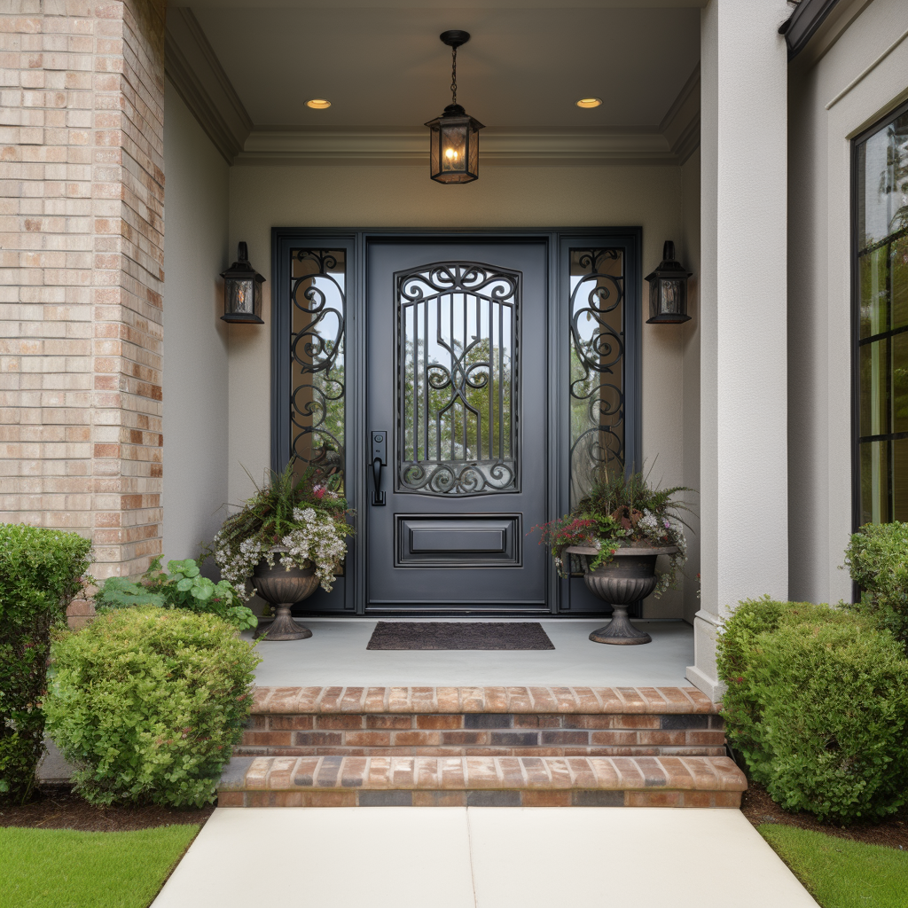 glory modern iron single entry door with mirror glass scrollwork and two sidelights