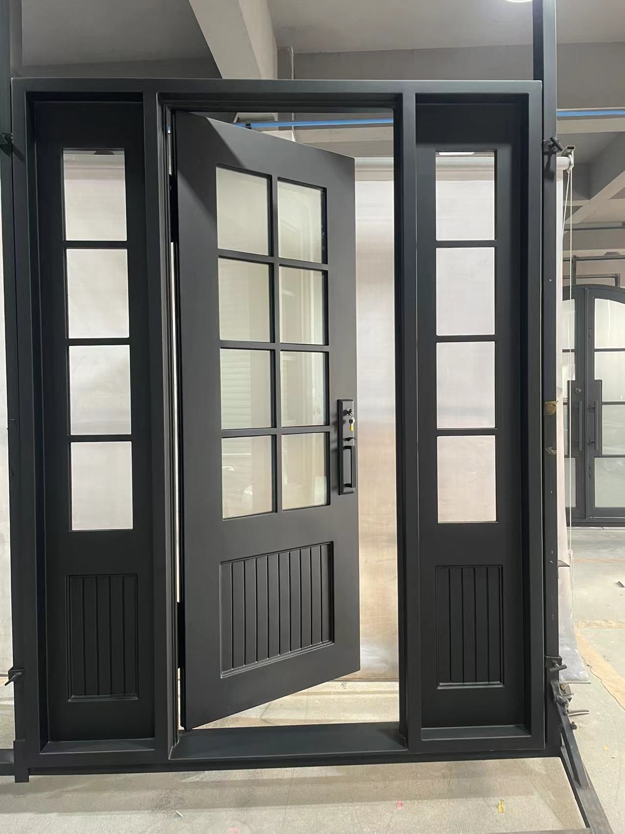 gloryirondoors iron single front doors with two sidelights in matte black color