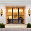 Square iron French front door with two sidelights