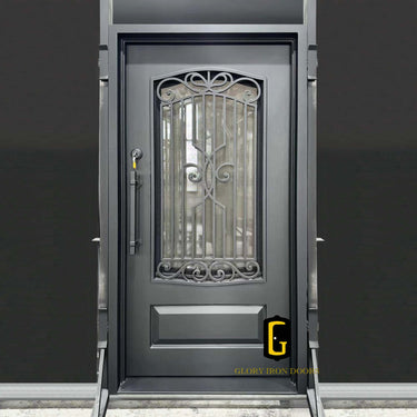 Custom iron front door with privacy glass and scrollwork