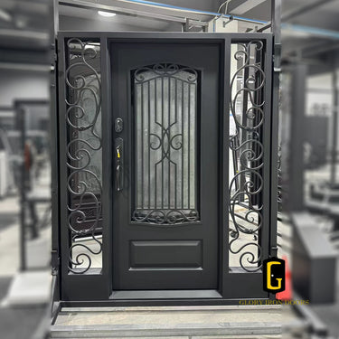 Single wrought iron front door with side lights