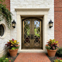 Custom aged bronze double iron entry door with gray tinted glass