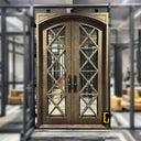 Aged bronze iron double entry door with geometric design