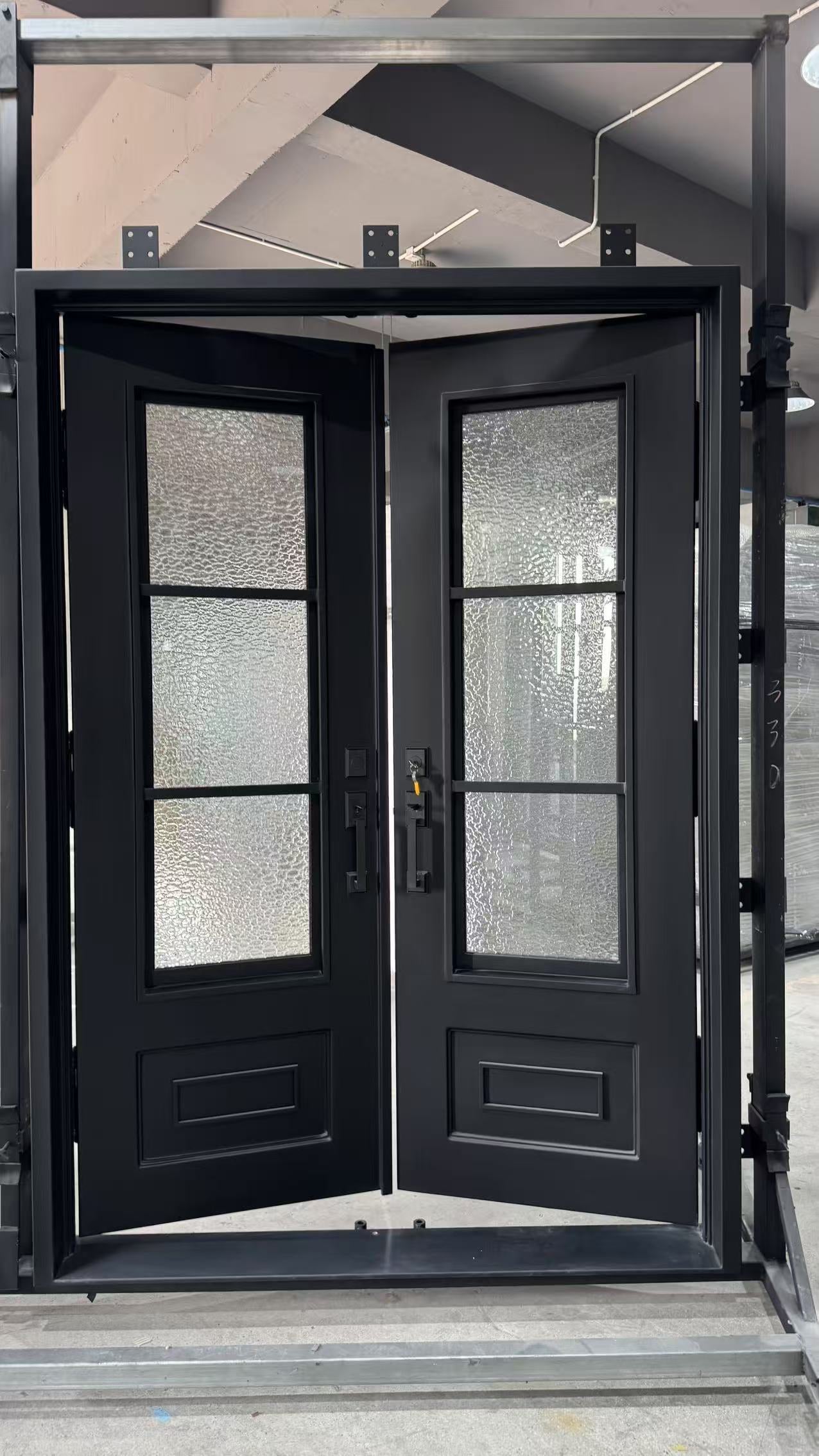 gloryirondoor custom made wrought iron double door with aquatex glass