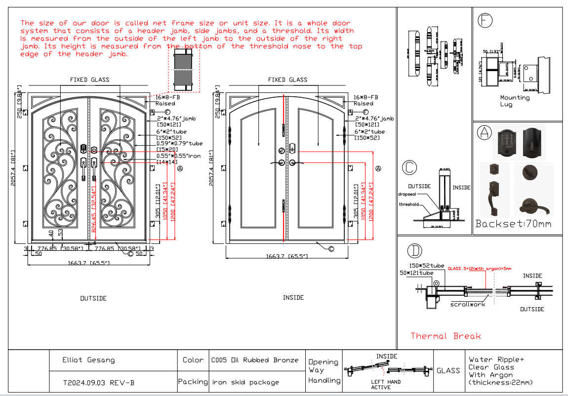 Custom Link for Elliot Gesang GID Thermal Break Double Iron Front Door with Operable Tempered Glass TED218