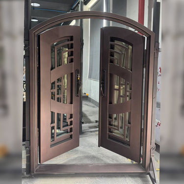 Black iron double door without traditional scrollwork