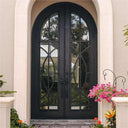 Round top wrought iron double front door with black finish and scrollwork