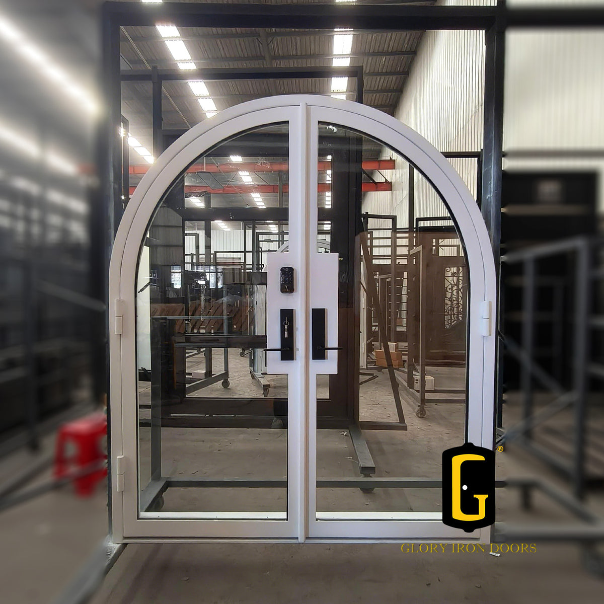 Standard French double door with large clear glass and white finish frame
