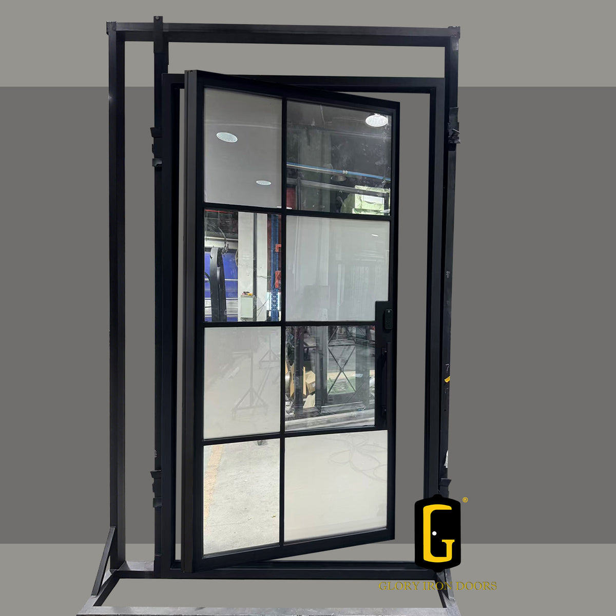 Standard iron pivot entry door with frosted and clear glass design