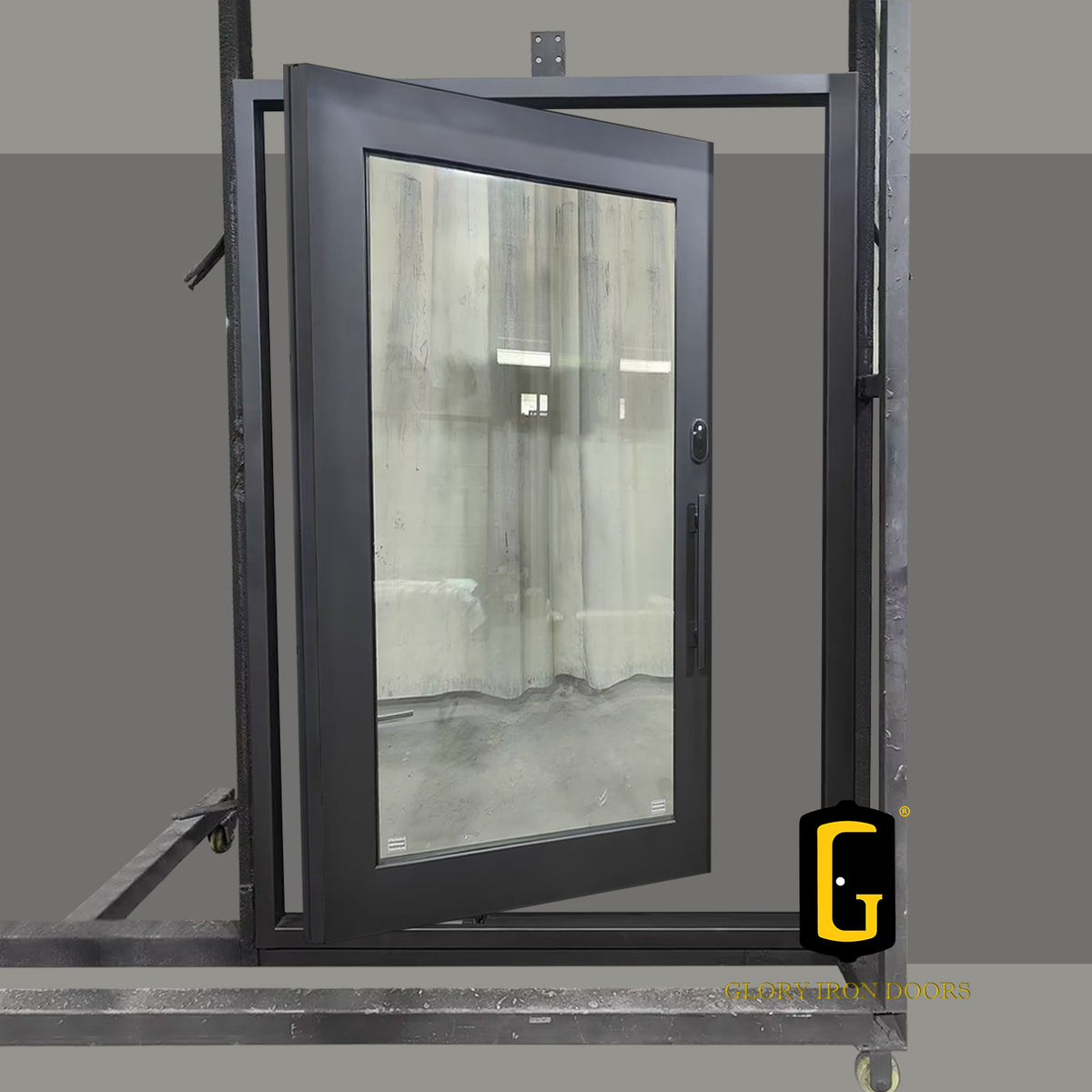 Thermal break iron pivot door with full glass panel design