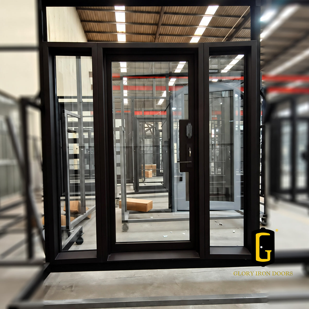 Thermal break French single iron door with two sidelights