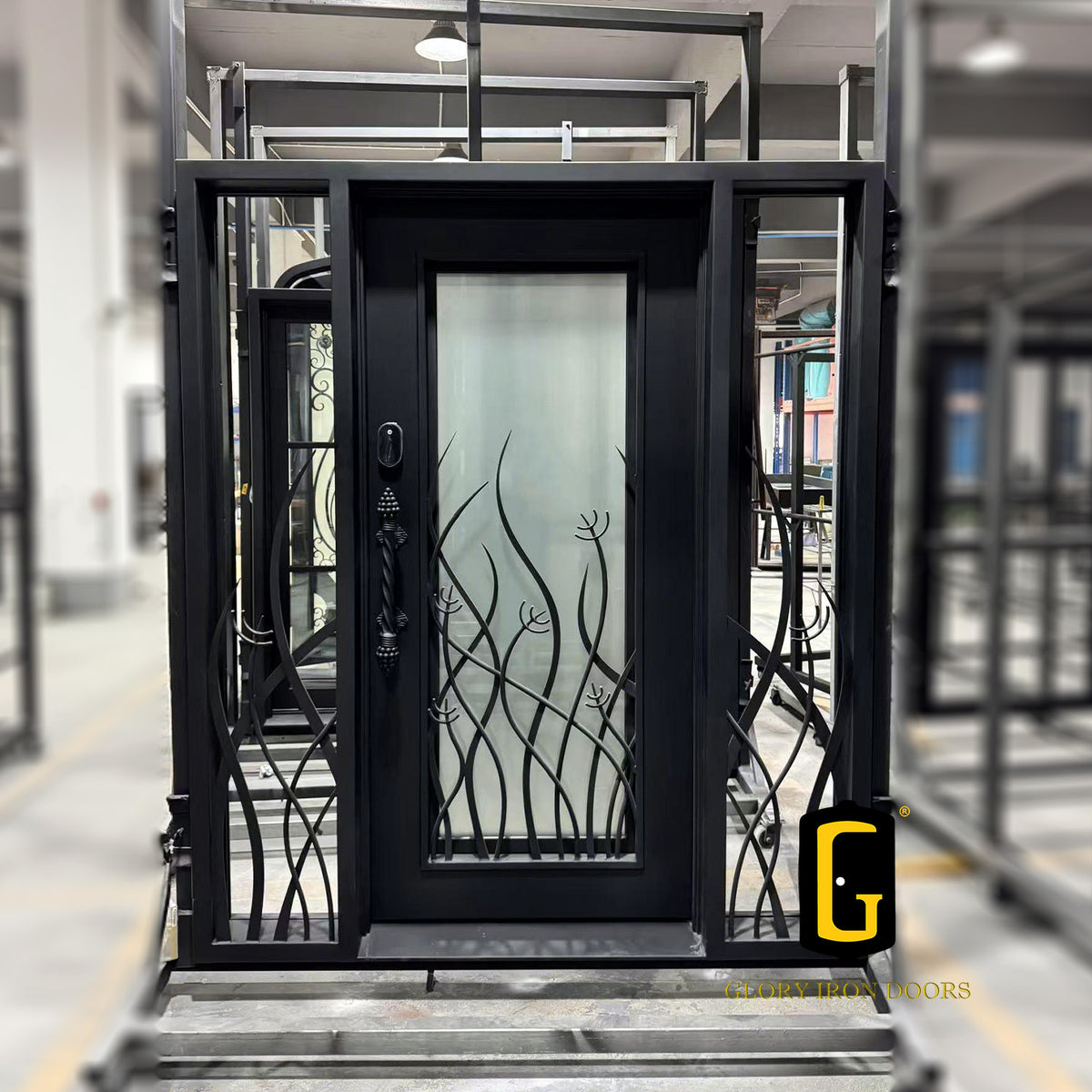 Thermal break natural design iron wrought door with two sidelights