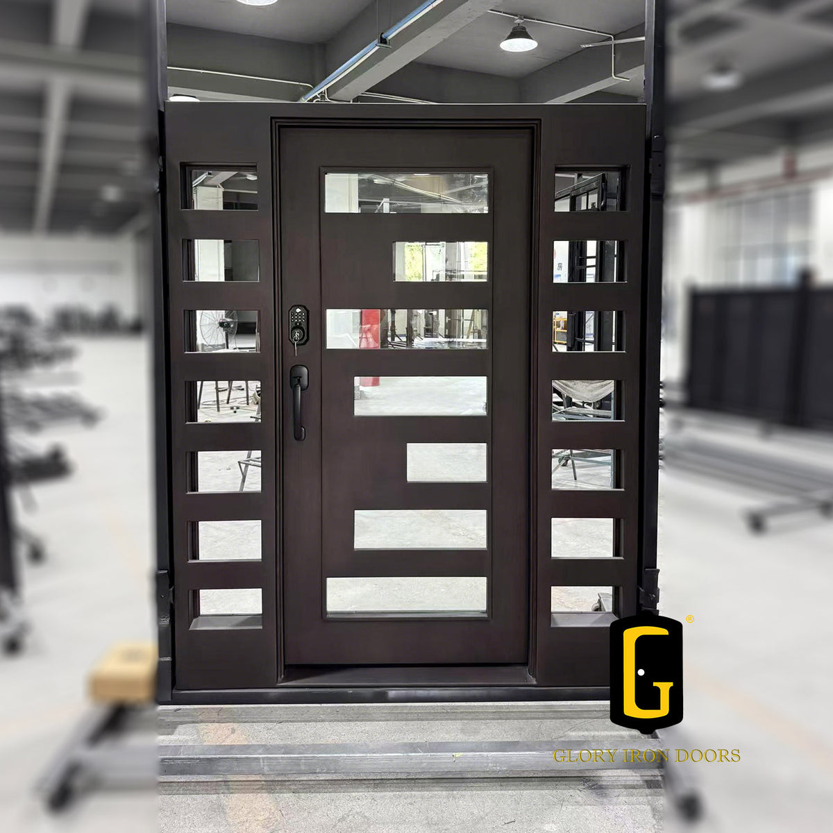 Thermal break iron wrought single door with two sidelights