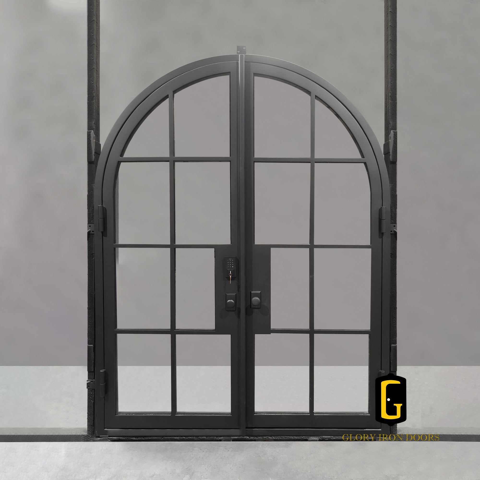 cusomized iron double french door with glass and round top