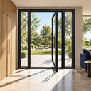 Modern thermal break pivot entry door with clear glass and full height sidelights