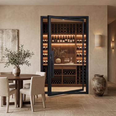 Clear glass pivot door with slim black iron frame leading to a modern wine room