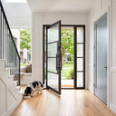 Modern pivot enrty door with one sidelight and rainstorm glass