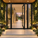 Minimalist black iron pivot entry door with clear glass panel and two sidelights