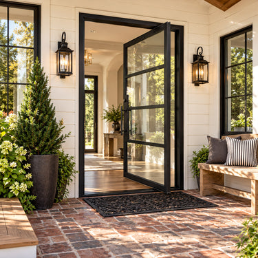 Thermal break iron pivot door with large glass panels
