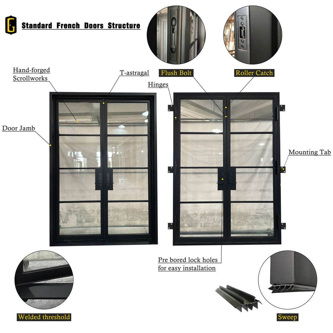 GID Large Steel French Door With Transom Expansive Clear Glass