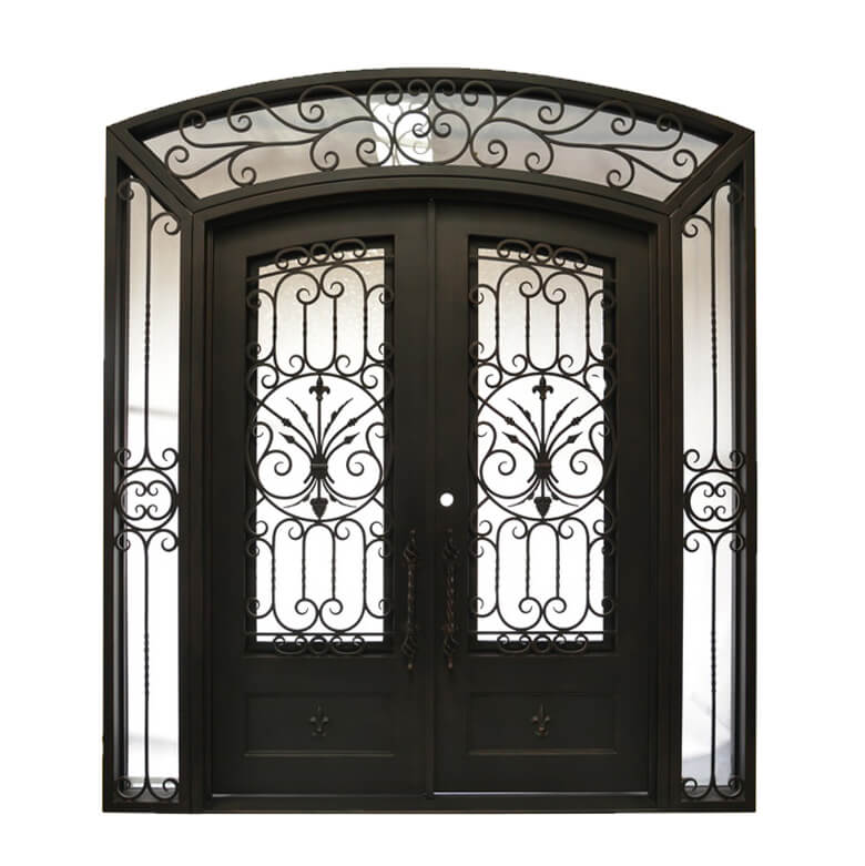 GID Iron Double Entry Door with fancy scrollwork two sidelights and transom