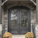 stately bronze iron exterior double door with eyebrow arched top hand made scrollwork and blue tinted glass