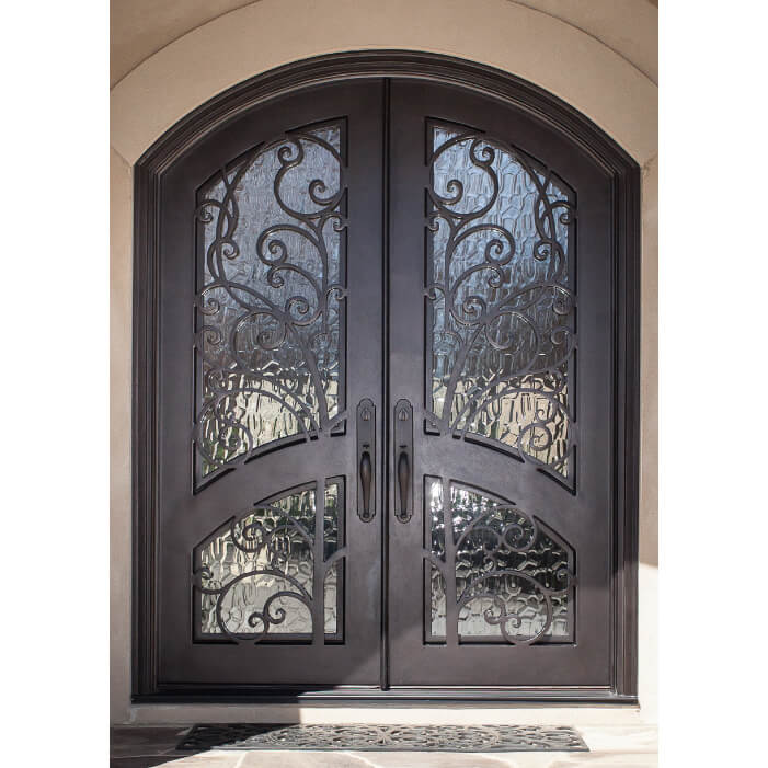 GID bronze paint iron entry double door with aquatex glass that can protect the privacy