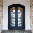double iron door with matte black frame and arched top