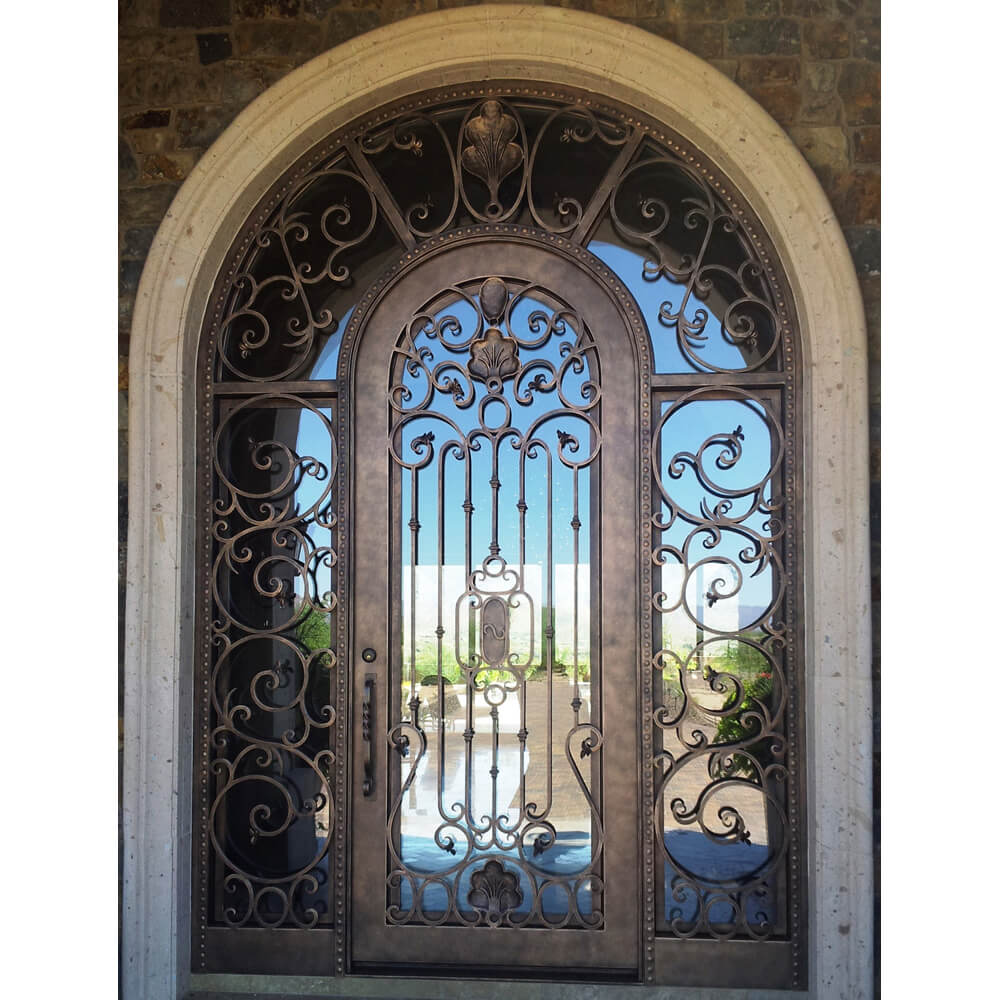 GID wrought iron single door round top and transom with sidelights and beautiful scrollwork