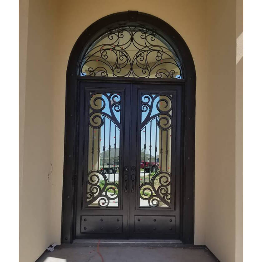 double iron door with clear glass and transom