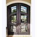 Arch top contemporary iron double front door with clear glass