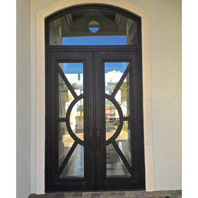 double iron door with clear glass and transom