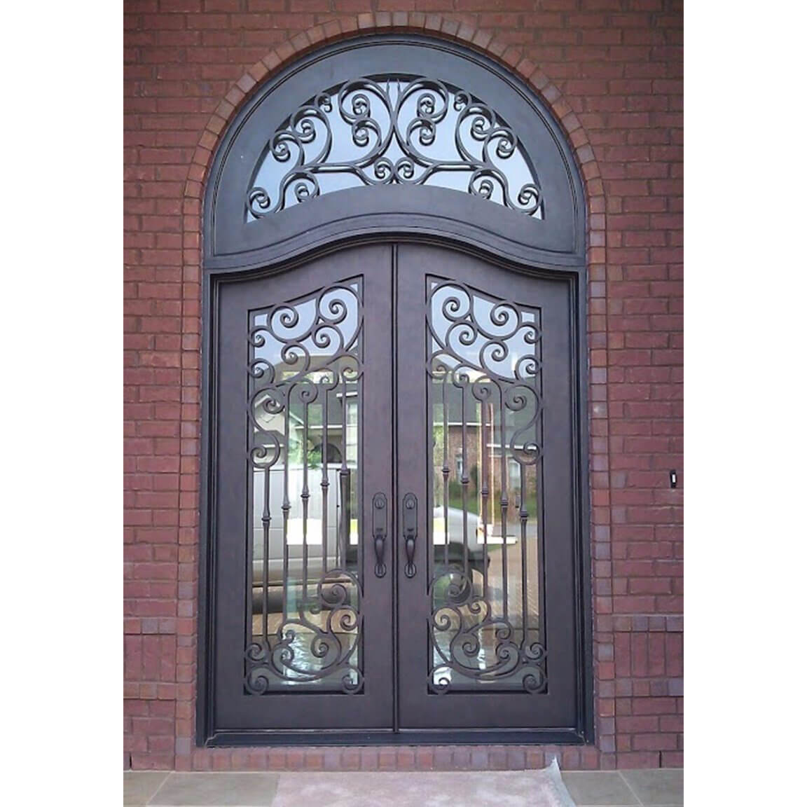 double iron door with clear glass and rusty red frame