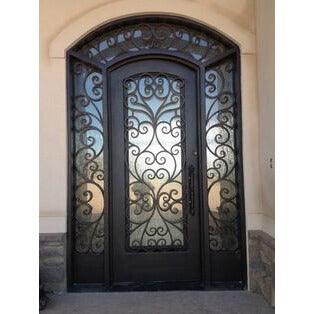 single door with two sidelights and beautiful scrollwork