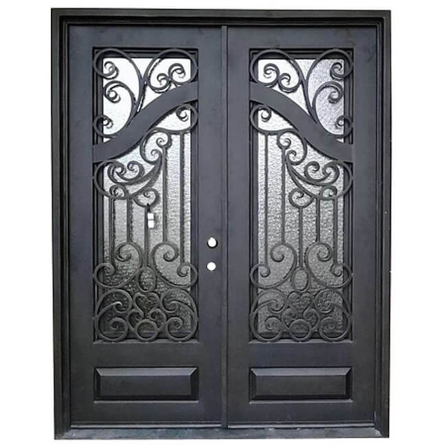 Black color wrought iron double door with imposing scrollwork