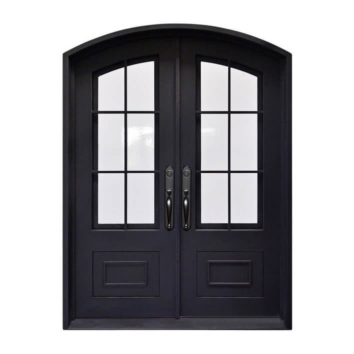 GID matte black iron double entry door with 6 lites and kickplate