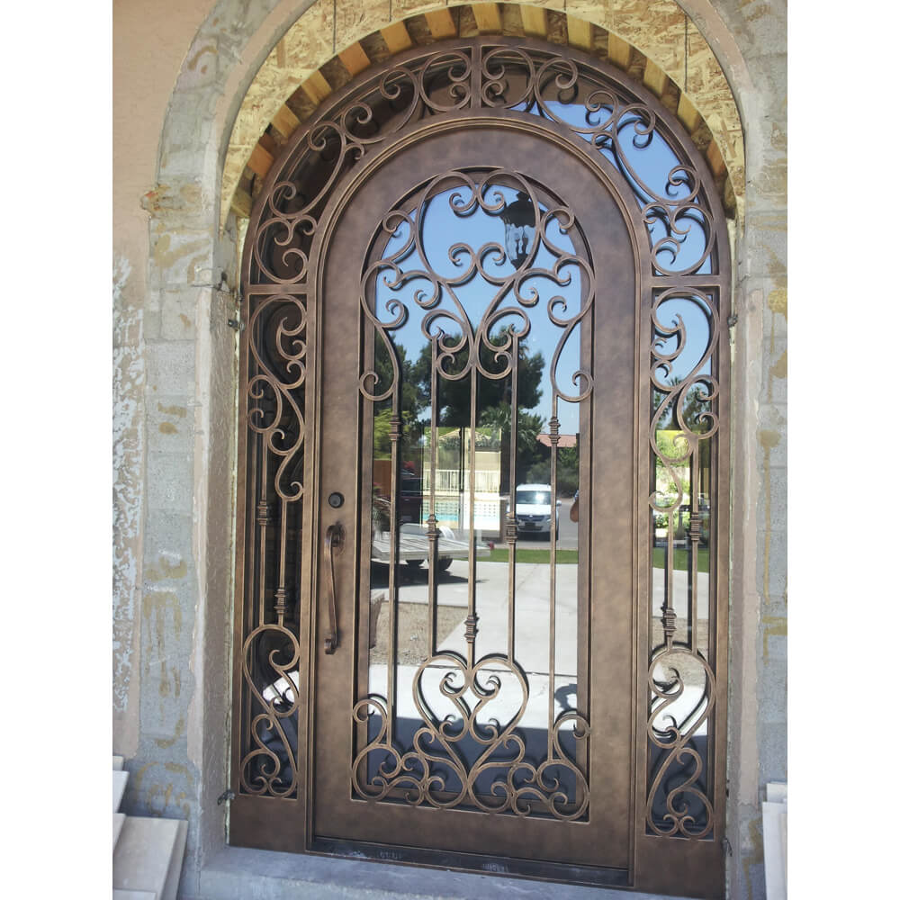 GID wrought iron single entry door round top round transom with mirror glass and scrollwork