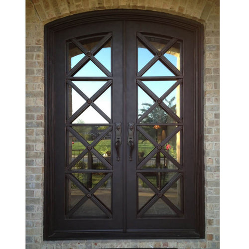 GID Double Iron Front Door with Diamond Grids Glass Arched Top ED213