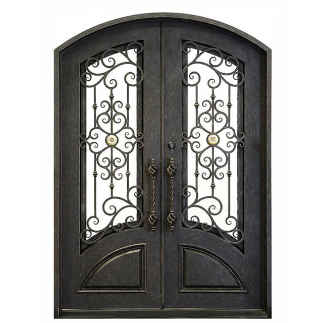 double iron door with oil rubbed bronze frame and arched top