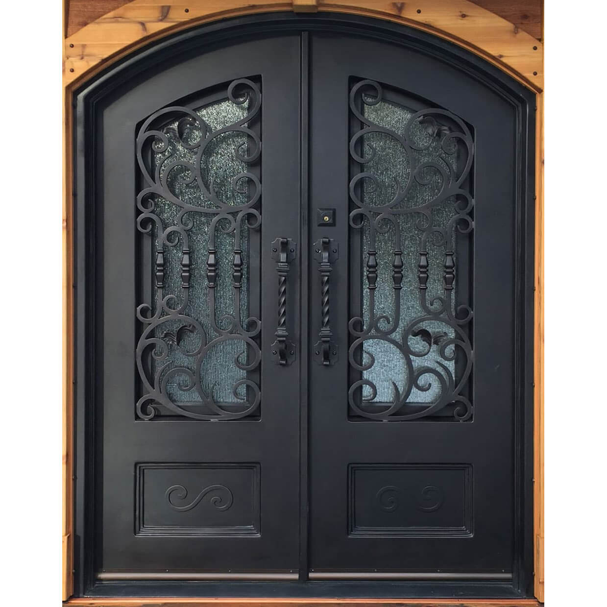 double iron door with aquatex glass and matte black frame