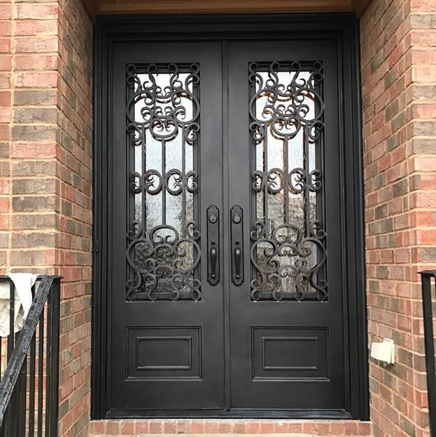 double iron door with grille and aquatex glass