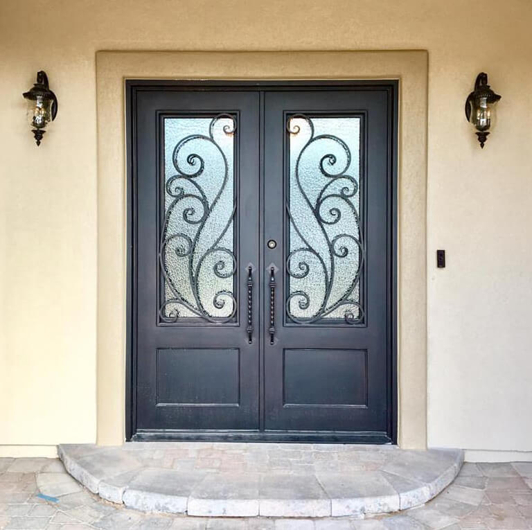 double iron door with square top and aquatex glass