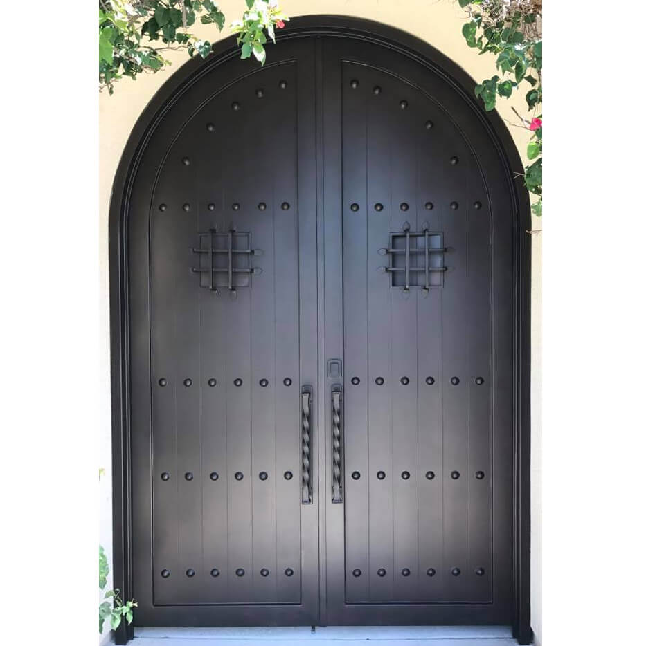 double iron door with round top and matte black frame