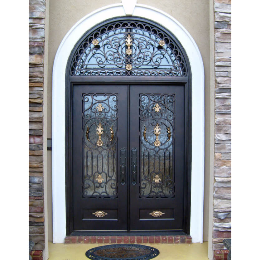 double iron door with aquatex glass and transom