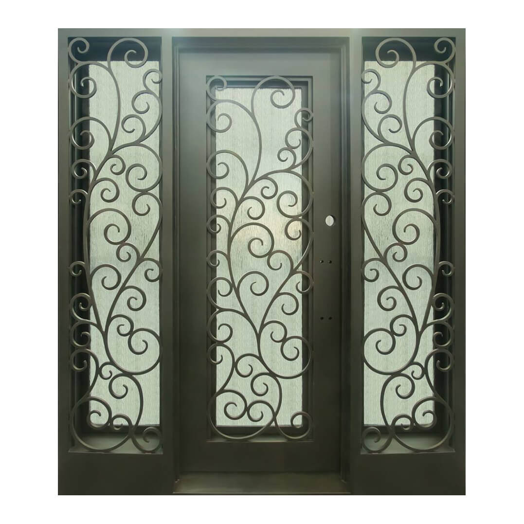 single iron door with sidelight and exquisite scrollwork