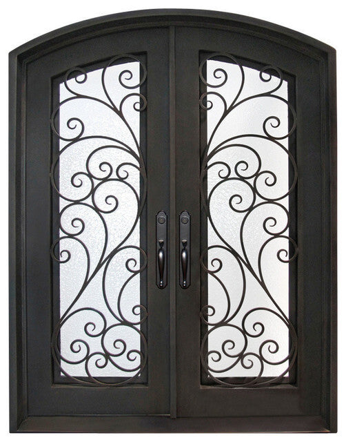 GID wrought iron pretty scrollwork double front door with frosted glass and arched top