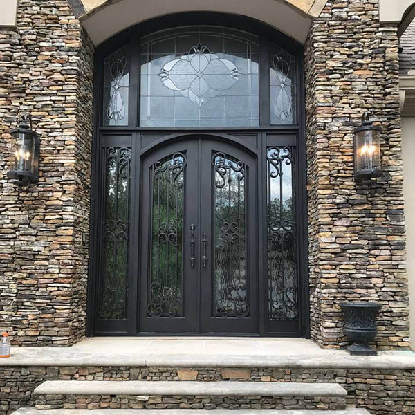 Double Wrought Iron Front Door with Arch Top and Grill Design