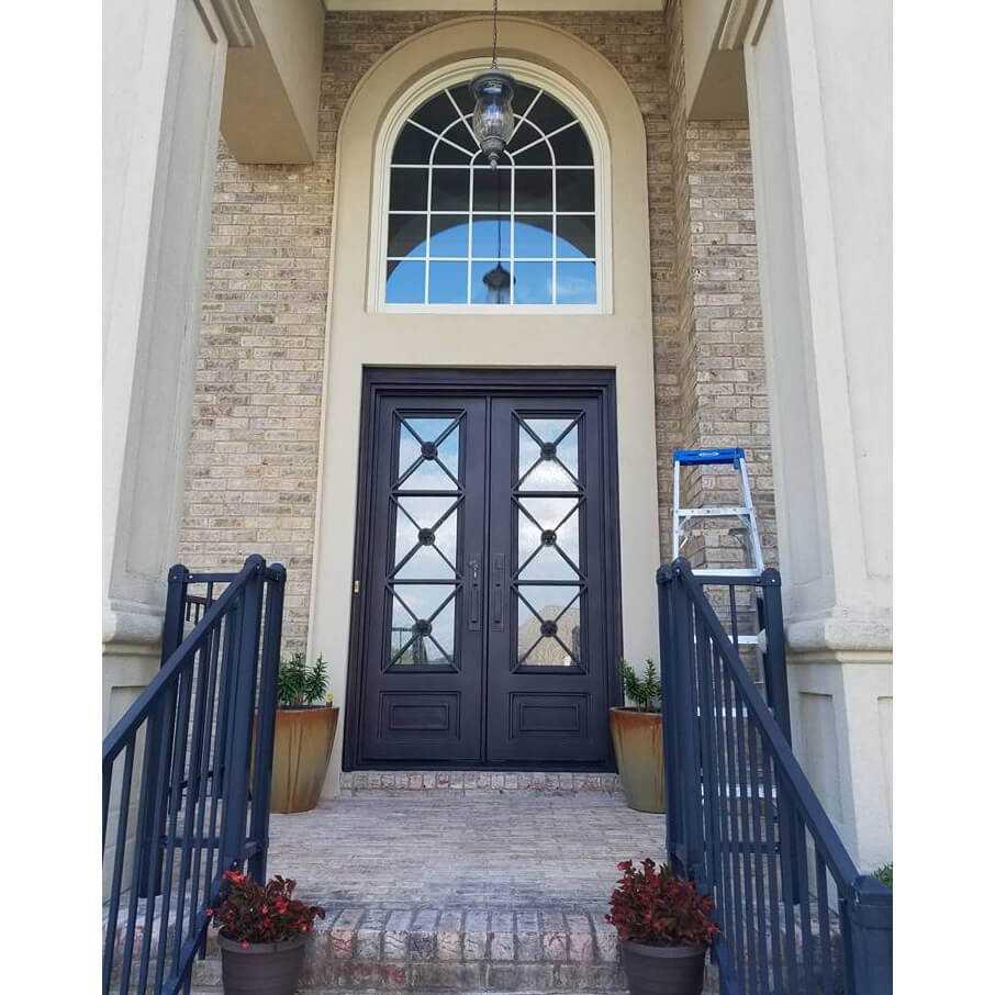 double iron door with square top and clear glass